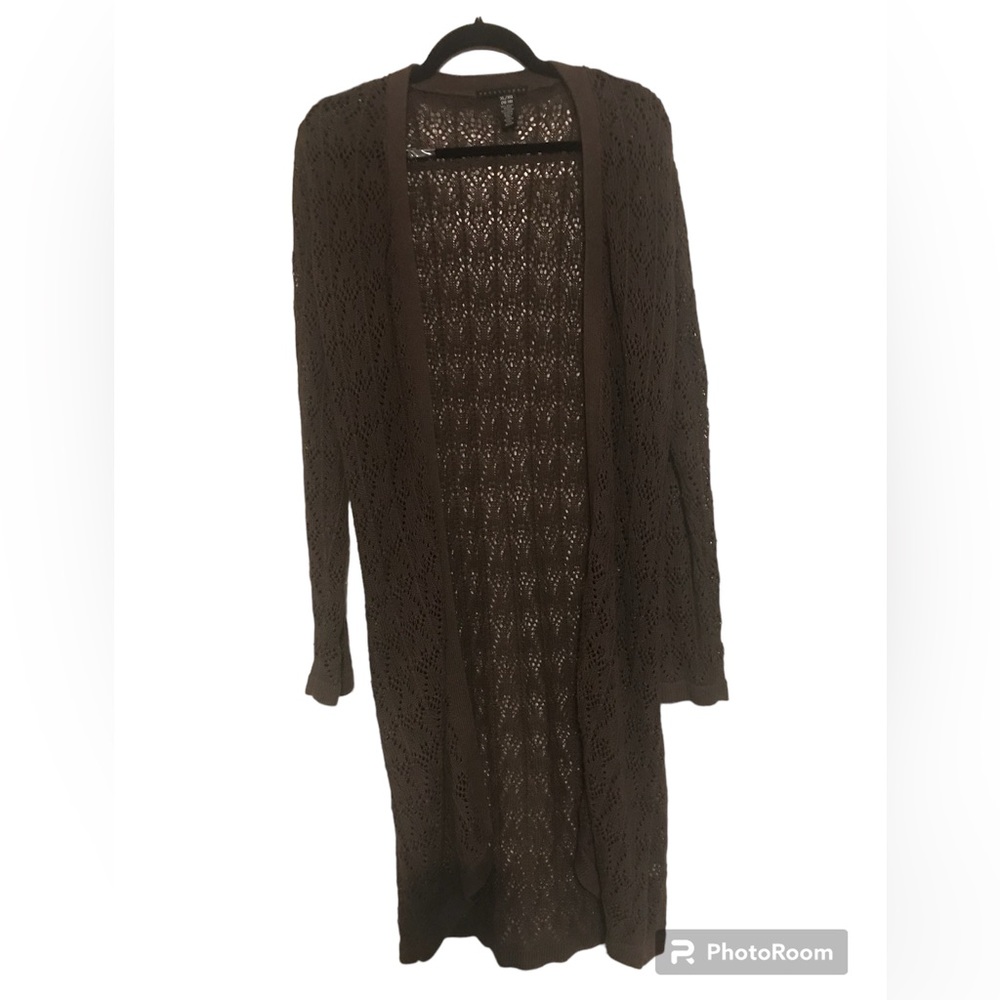 Women’s L brown long crochet knit open cardigan from apostrophe